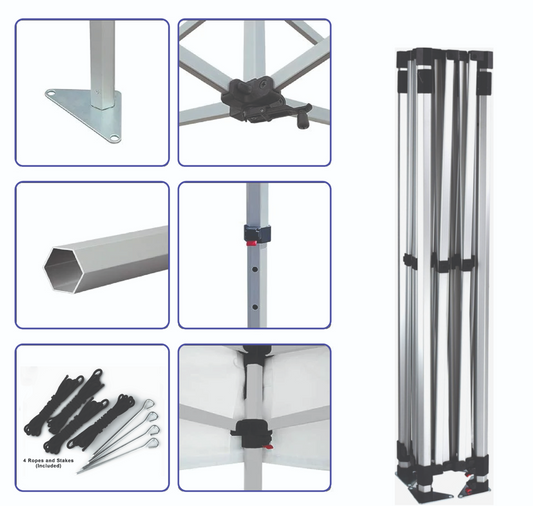 A silver aluminum folding canopy frame shown with six detail inset images on a white background, including the base plate, connector hardware, tube section, pole joint, underside attachment, and included ground stakes.