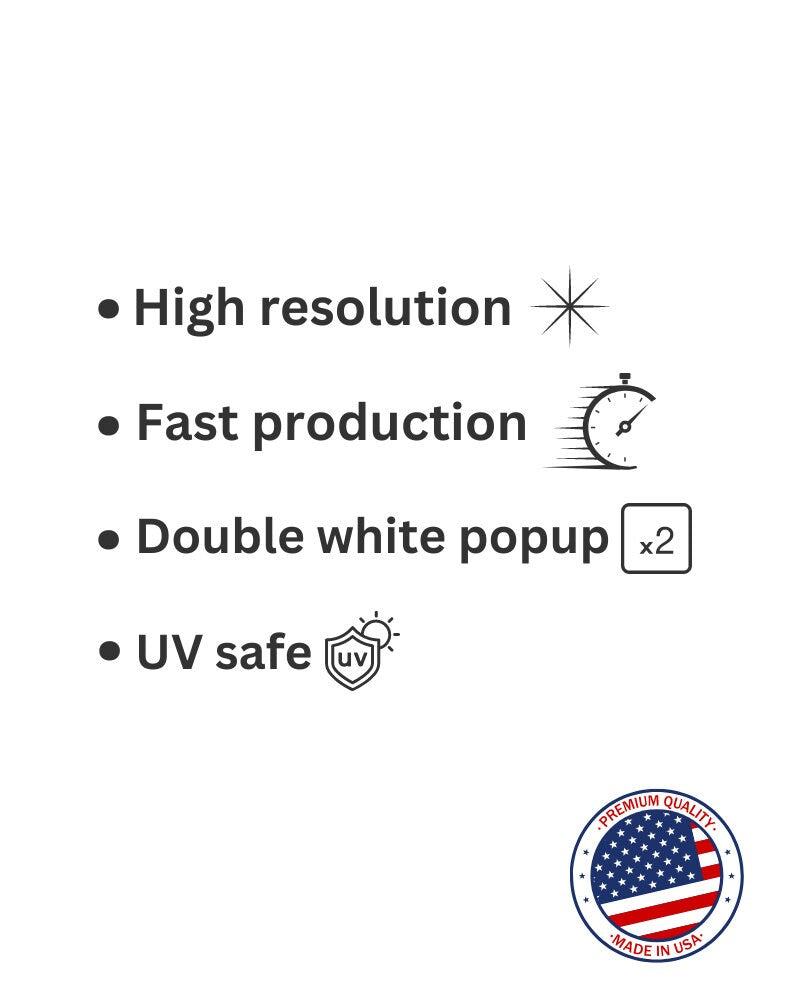 Custom posters are high resolution, fast production, double white popup, and uv safe