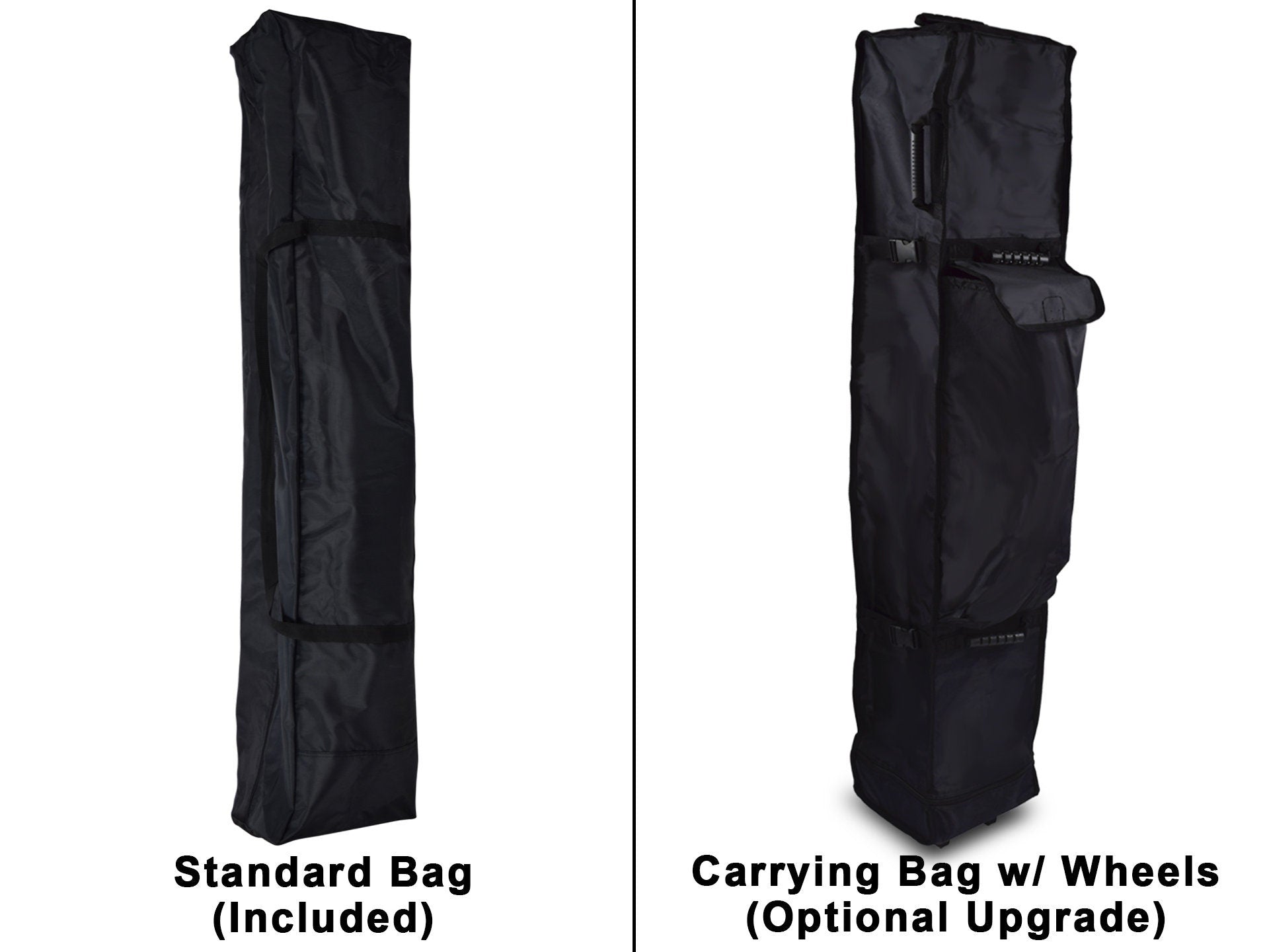 Carry on bag for canopy. Standard black bag has no wheels. Optional upgrade of carry on black bag with wheels.