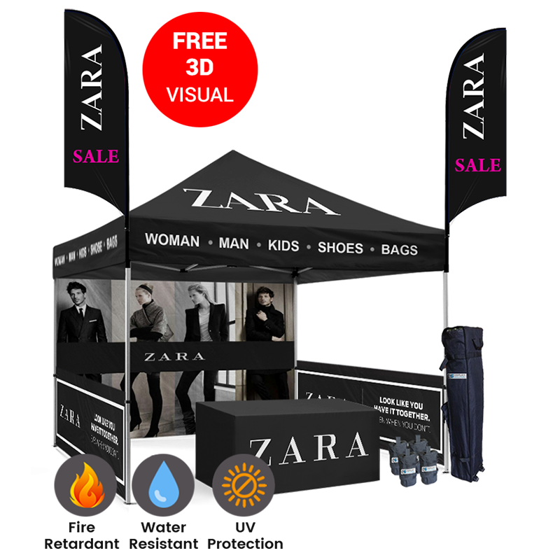 Custom 10x10 Vendor Booth Kit • Tent + Half Walls + Flags + Table • Complete Trade Show Package