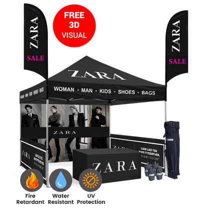 Custom 10x10 Vendor Booth Kit • Tent + Half Walls + Flags + Table • Complete Trade Show Package