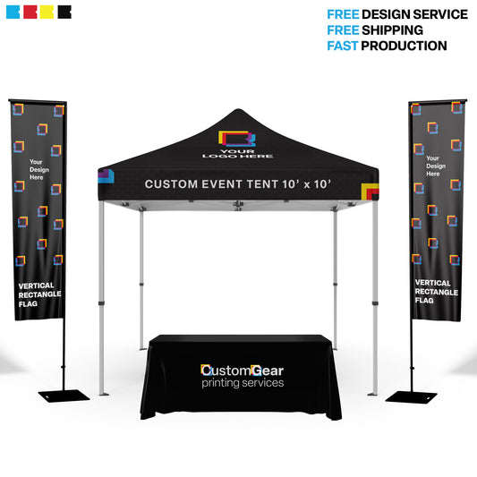 Custom 10x10 ft Event Tent with Tablecloth and Feather Flags – Complete Branding Solution for Events