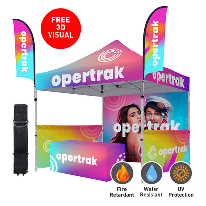 Custom 10x10 Vendor Booth Kit • Tent + Half Walls + Flags + Table • Complete Trade Show Package