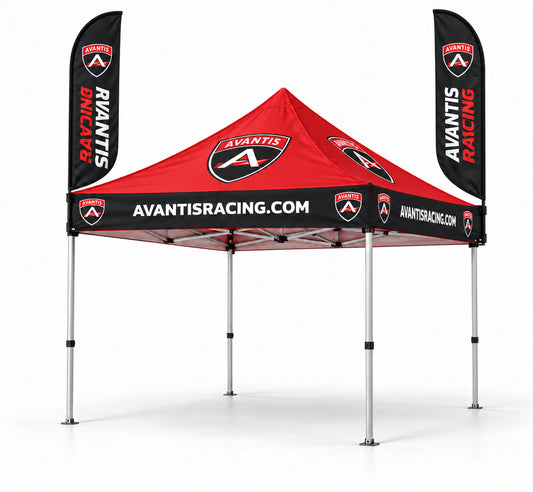 A pop-up canopy tent with matching vertical flag banners, branded for Avantis Racing. The canopy features a red top canopy and black trim with white text and logos, supported by a white frame.