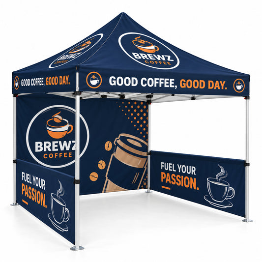 A pop-up canopy tent with custom printed branding for Brewz Coffee, featuring navy blue panels with coffee-themed graphics and text, supported by a silver metal frame.