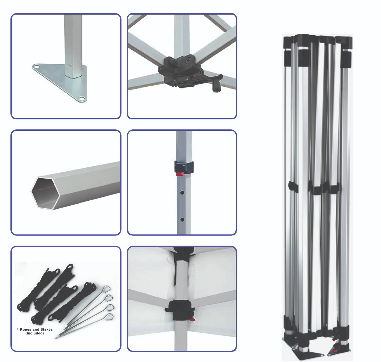 A silver aluminum folding canopy frame shown with six detail inset images on a white background, including the base plate, connector hardware, tube section, pole joint, underside attachment, and included ground stakes.