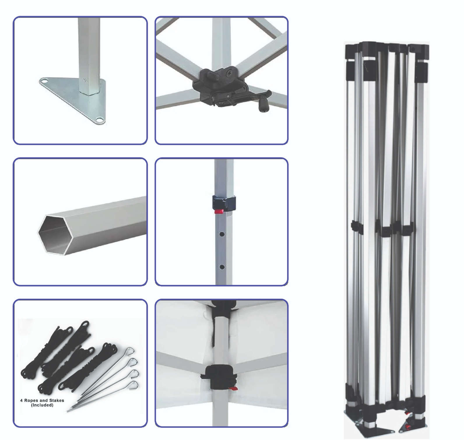 A silver aluminum folding canopy frame shown with six detail inset images on a white background, including the base plate, connector hardware, tube section, pole joint, underside attachment, and included ground stakes.