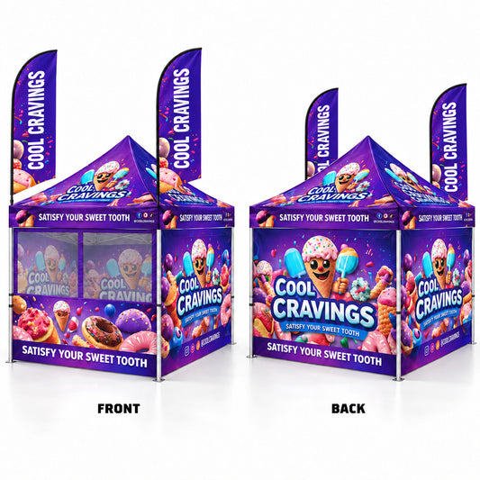 Front and back views of a purple pop-up canopy stall with custom graphics for 'Cool Cravings', featuring cartoon characters, donuts, ice cream cones, and text like 'Satisfy Your Sweet Tooth' on a light gray background.