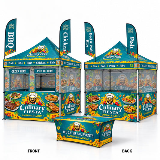 Front and back views of a custom event catering tent package by Cater All Events, featuring a teal and yellow 'Culinary Fiesta' design with food graphics, two matching feather flags, and a matching branded cooler box on a light gray background.