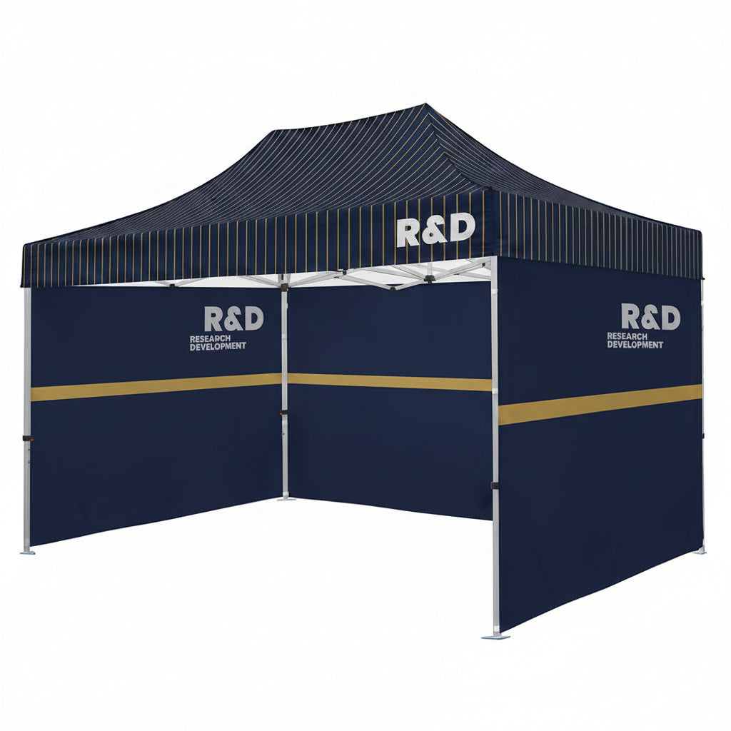 tent with patterns and branding on