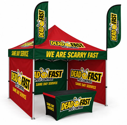 A pop-up canopy tent and matching ground cover with matching feather flags, all printed with a bold 'Dead Fast Test Control' design in red, green, yellow, and black on a white studio background.