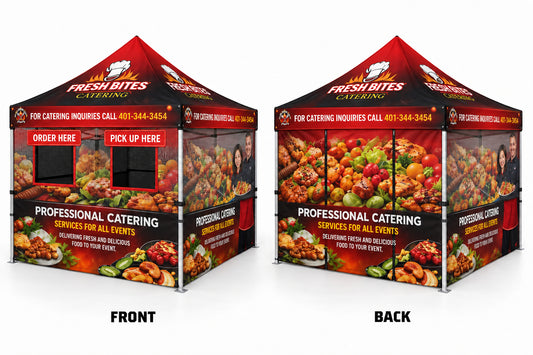Front and back views of a pop-up canopy catering tent with custom printed graphics for 'Fresh Bites Catering', featuring food photography and text on a light gray background.