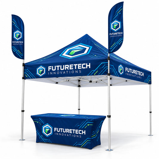 Custom branded pop-up canopy tent and matching table cover set with two vertical feather flags, all printed with 'FUTURETECH INNOVATIONS' and a blue tech-themed geometric logo, shown on a light gray studio background.
