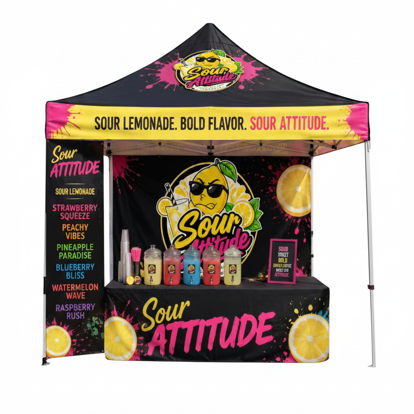 Outdoor beverage booth setup for Sour Attitude lemonade, with a black canopy tent, branded backdrop, multiple flavor bottles, lemons, and a sign listing flavors including strawberry squeeze, pineapple paradise, blueberry bliss, watermelon wave, and raspberry rush.