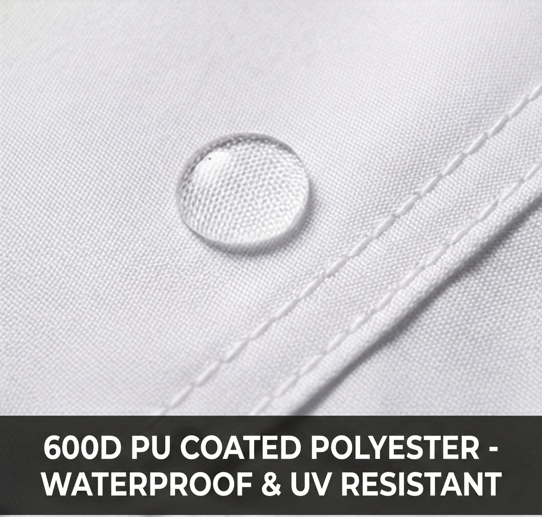 Close-up of a white waterproof fabric with a clear water droplet on the surface and a black text banner at the bottom reading '600D PU COATED POLYESTER - WATERPROOF & UV RESISTANT'.