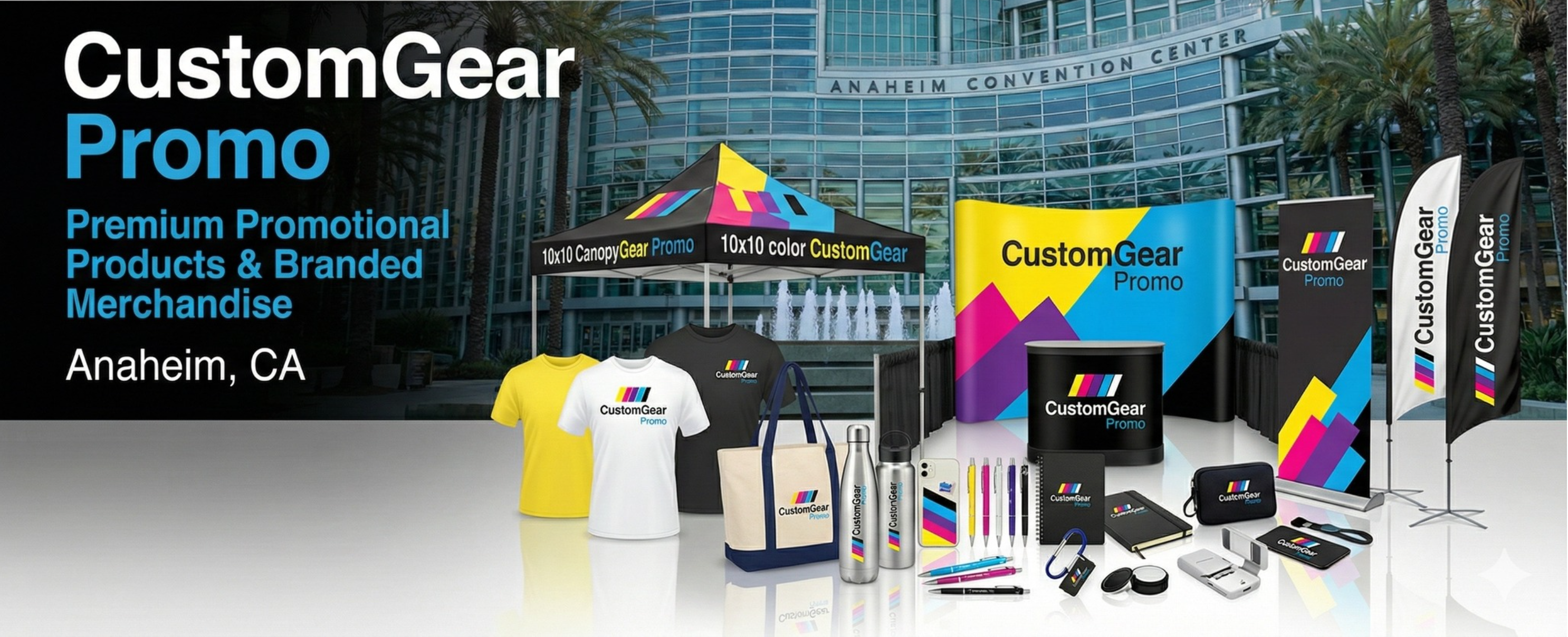 Promotional products and branded merchandise displayed in front of CustomGear signage.