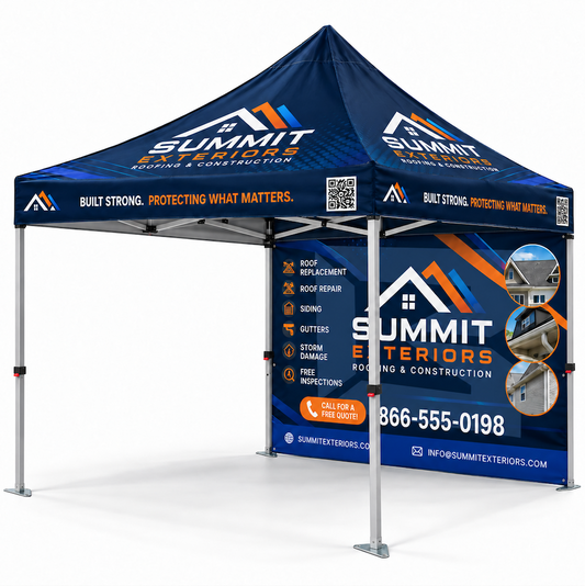 A freestanding pop-up canopy tent with a branded Summit Exteriors roofing and construction promotional backdrop. The canopy is dark blue with orange and white logo graphics and text, supported by silver metal legs on a light gray studio background.