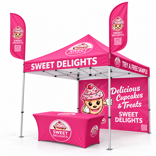 A pink pop-up canopy tent with matching table cover and two vertical flag banners, all printed with 'Sweet Delights' branding, cupcake graphics, and sample offer text, shown on a light gray background.