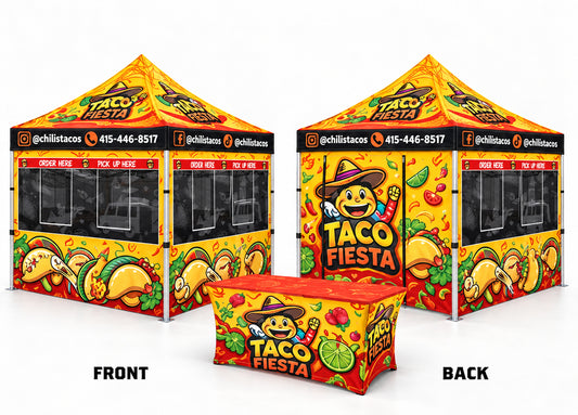 A Taco Fiesta event canopy tent shown from the front and back, with a matching red and yellow table in front. The canopies feature a bright yellow background, black window sections, and colorful taco illustrations with the text 'TACO FIESTA' and a smiling taco character.