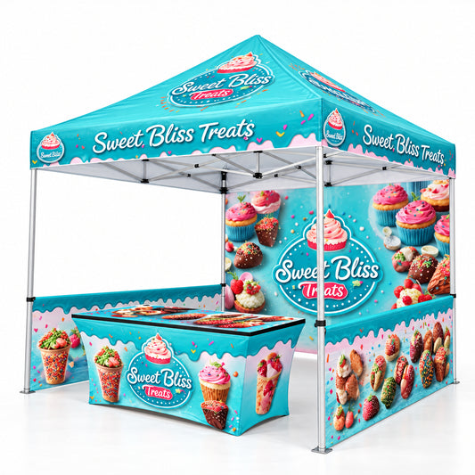 A pop-up canopy tent and matching display table printed with 'Sweet Bliss Treats' branding and colorful ice cream and cupcake graphics, shown on a light gray studio background.