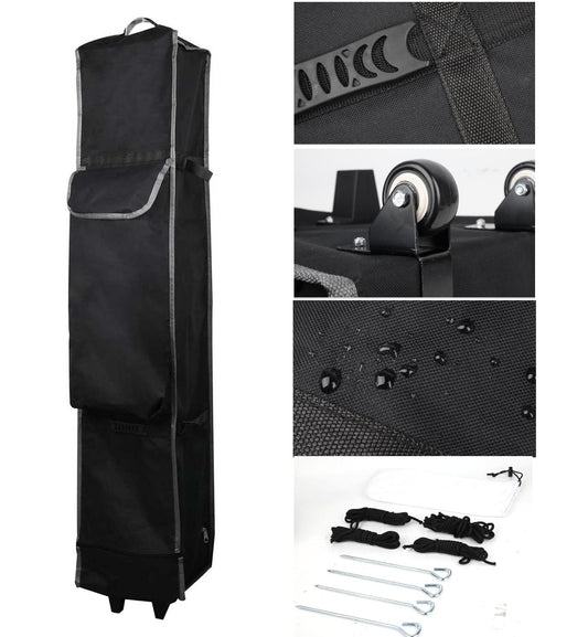 Black wheeled garment/storage bag shown on a white background with three detail insets: a close-up of a strap, a close-up of the wheel hardware, and a close-up of a water-droplet-resistant fabric surface. Small hardware pieces are also shown at the bottom.
