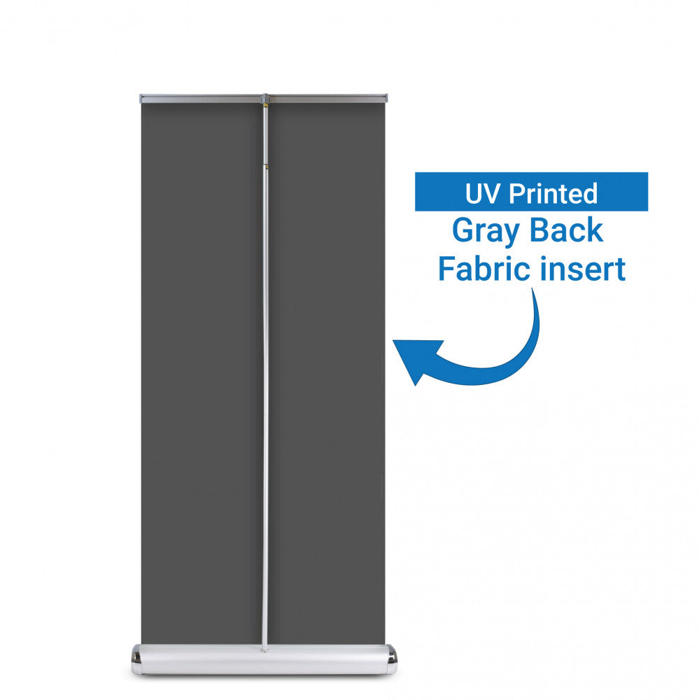 Back of Deluxe Double-Sided Retractable Banner Stand is UV printed with gray back fabric insert