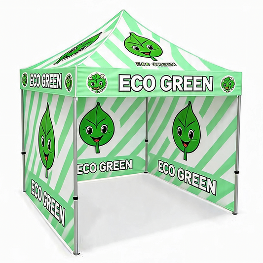 A pop-up canopy tent with a green and white striped pattern, featuring a cartoon leaf character and the text 'ECO GREEN' printed on the panels and roof.