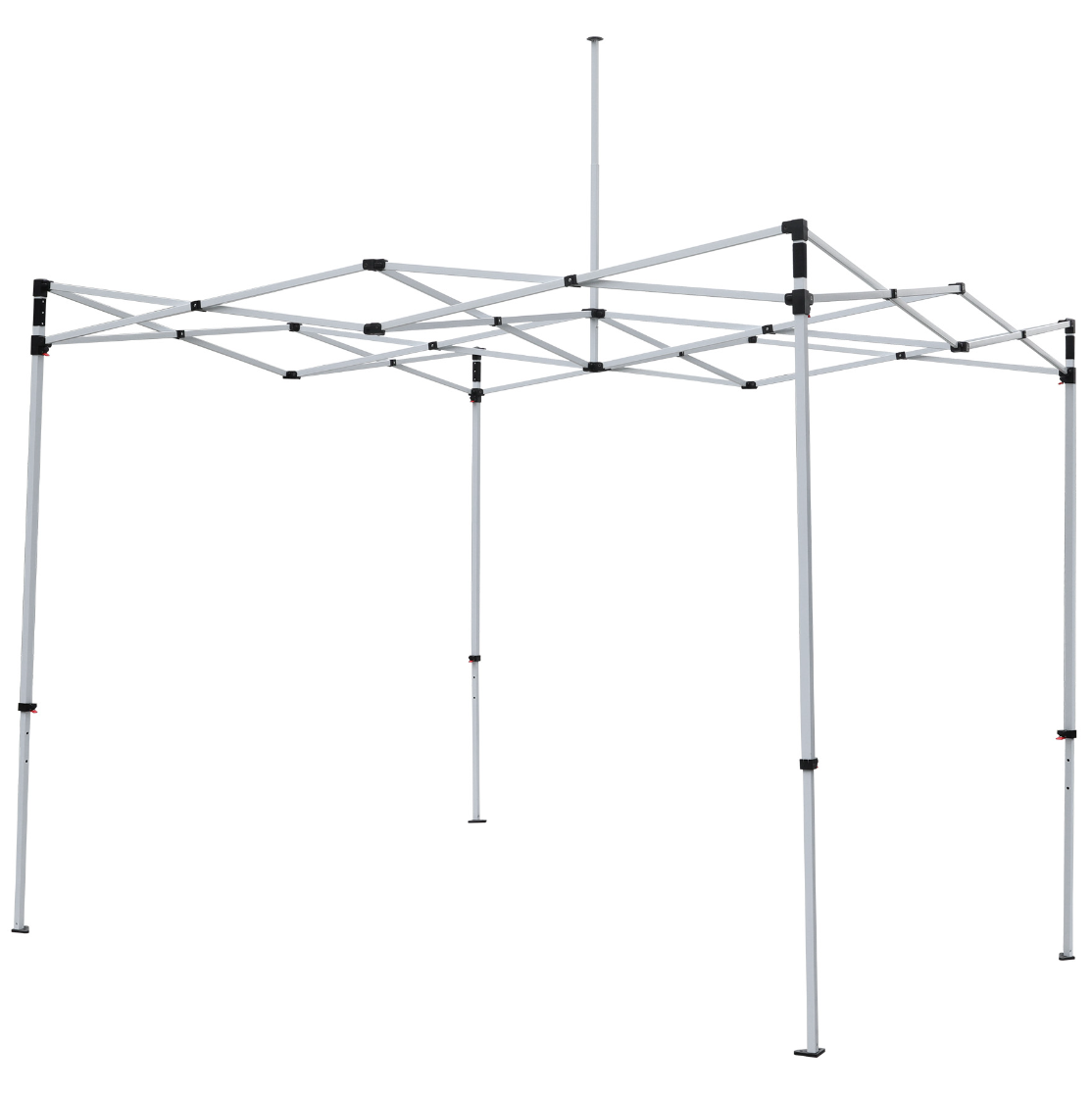 A white pop-up canopy tent frame with black adjustment knobs and accents, shown fully assembled on a solid white background.
