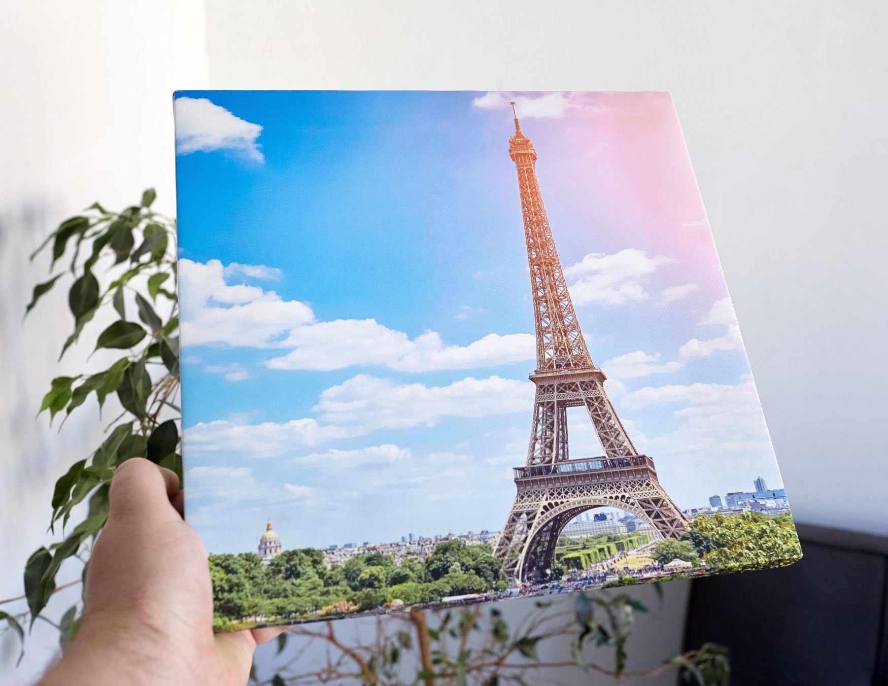 sample of printed canvas with french Eiffel tower picture