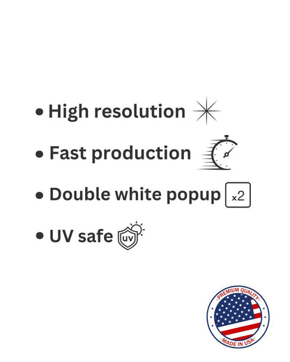 Custom posters are high resolution, fast production, double white popup, and uv safe 